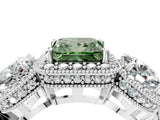 Platinum Three-Stone Fancy Green Princess Cut Halo Diamond Milgrain Band with Four-Prong Setting_10