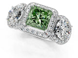 Platinum Three-Stone Fancy Green Princess Cut Halo Diamond Milgrain Band with Four-Prong Setting_7