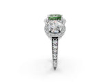 Platinum Three-Stone Fancy Green Princess Cut Halo Diamond Milgrain Band with Four-Prong Setting_8