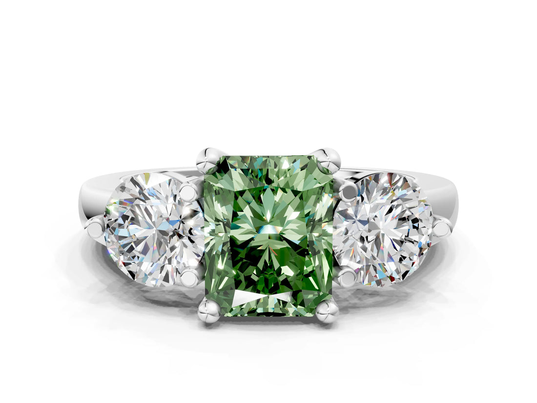 Platinum Three-Stone Fancy Green Radiant  Brilliant Cut Solitaire Ring with Prong Setting on a Classic Band 1