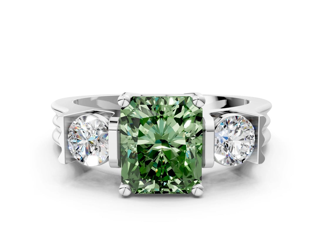 Platinum Three-Stone Fancy Green Radiant Cut Cut Classic Band Prong Setting Ring_12