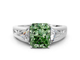 Platinum Three-Stone Fancy Green Radiant Cut Cut Diamond Ring with Trillion Side Stones on a Split Shank Band_6