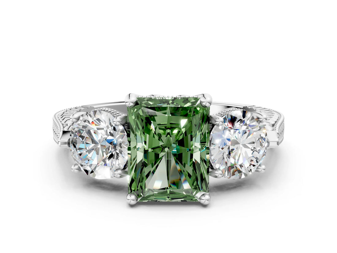Platinum Three-Stone Fancy Green Radiant Cut Cut Milgrain Band Prong Setting Ring_18