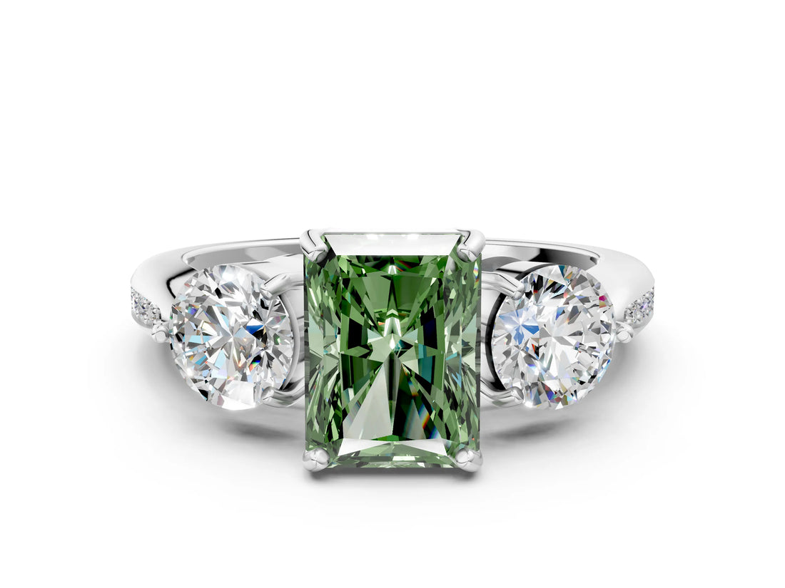 Platinum Three-Stone Fancy Green Radiant Cut Diamond Channel Set Engagement Ring with Prong Setting_19