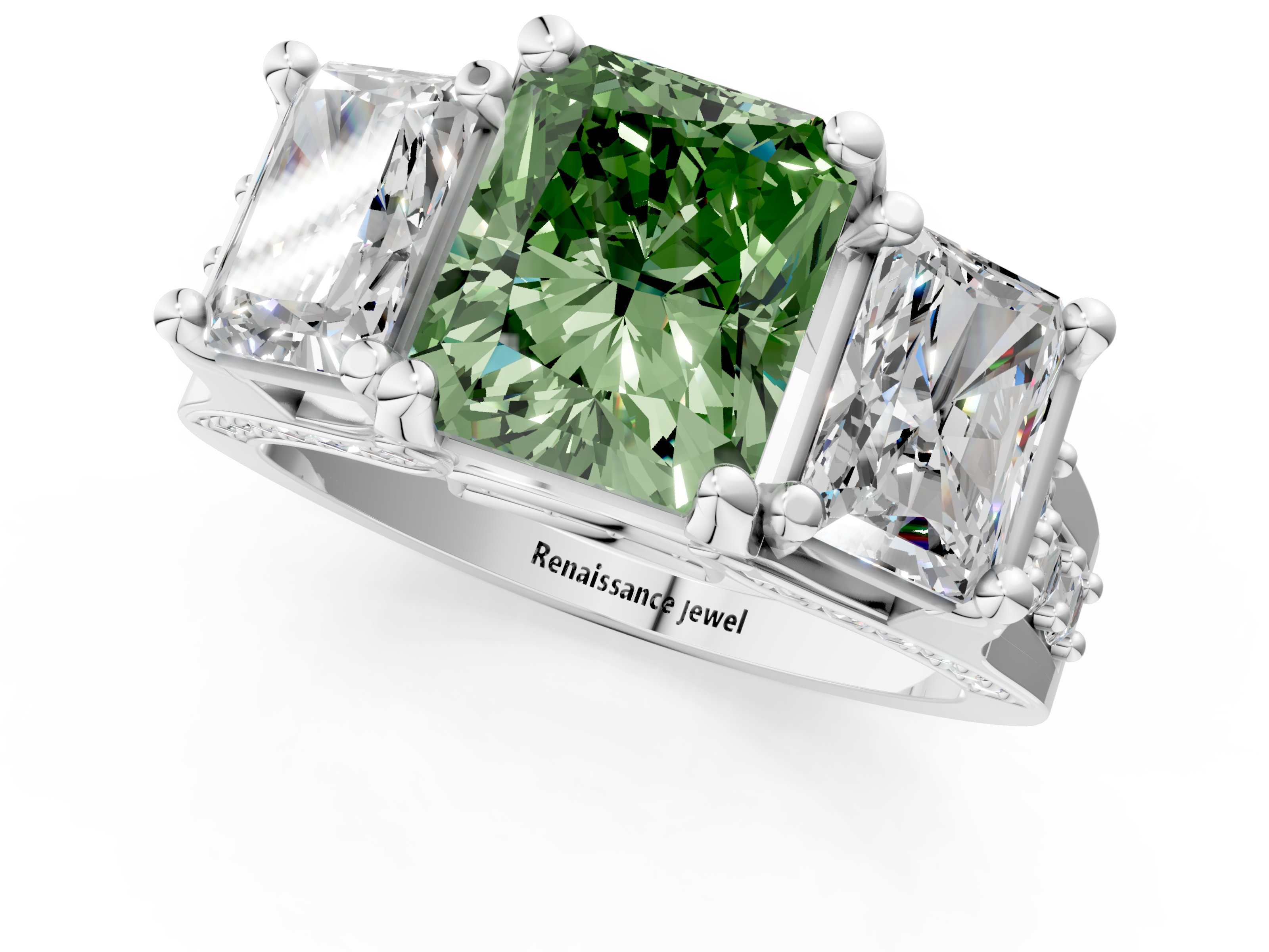 Platinum Three-Stone Fancy Green Radiant  Cut Diamond Ring with Channel-Set Band and Four-Prong Setting_58