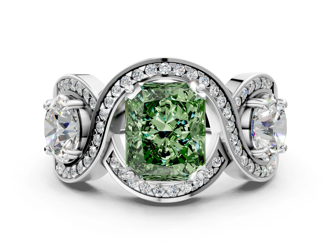 Platinum Three-Stone Fancy Green Radiant Cut Diamond Wave Pave Band with Prong Setting_30