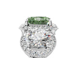 Platinum Three-Stone Fancy Green Radiant Cut Halo Diamond Milgrain Band with Four-Prong Setting_11