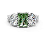Platinum Three-Stone Fancy Green Radiant  Diamond Milgrain Pave Band with Prong Setting