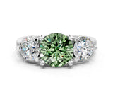 Platinum Three-Stone Fancy Green Round  Brilliant Cut Solitaire Ring with Prong Setting on a Classic Band 1