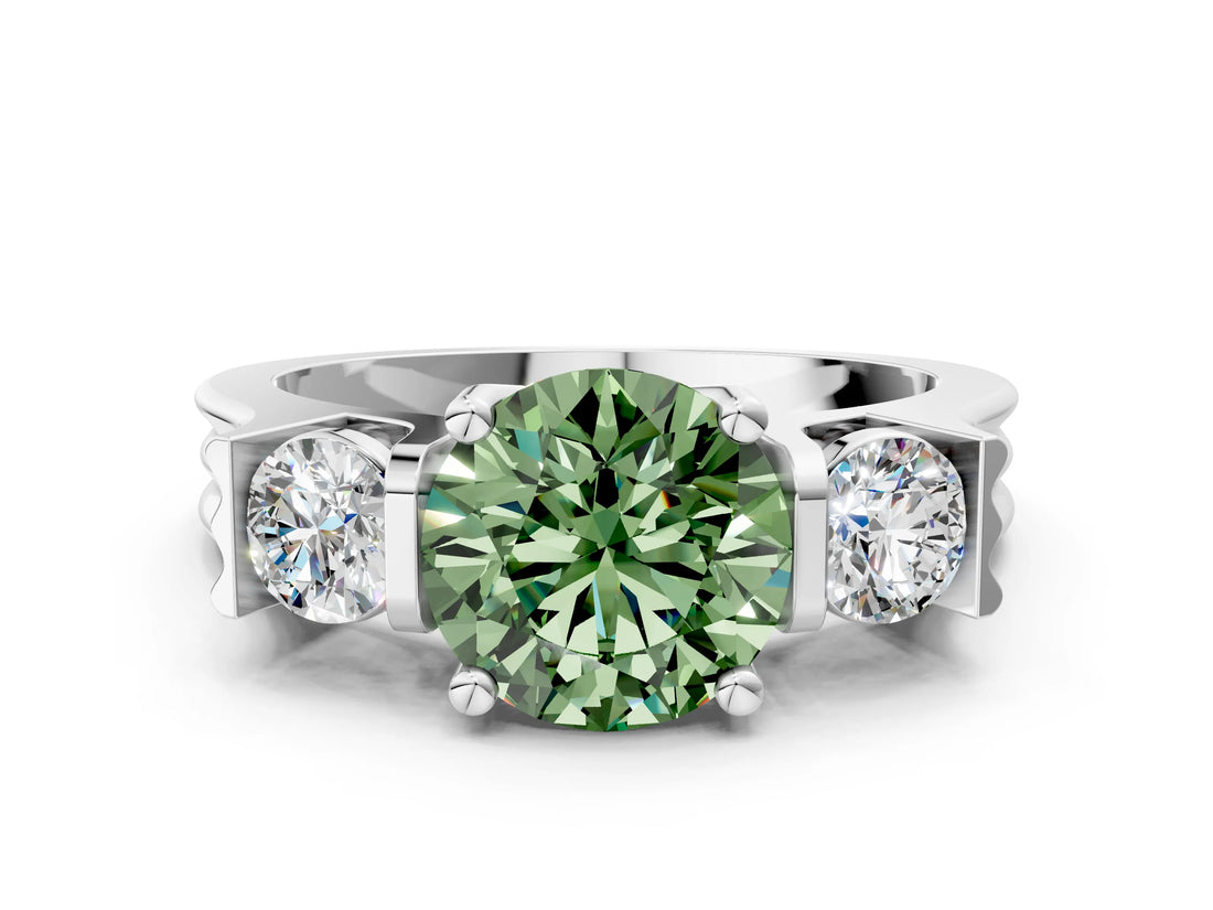 Platinum Three-Stone Fancy Green Round Cut Cut Classic Band Prong Setting Ring_6