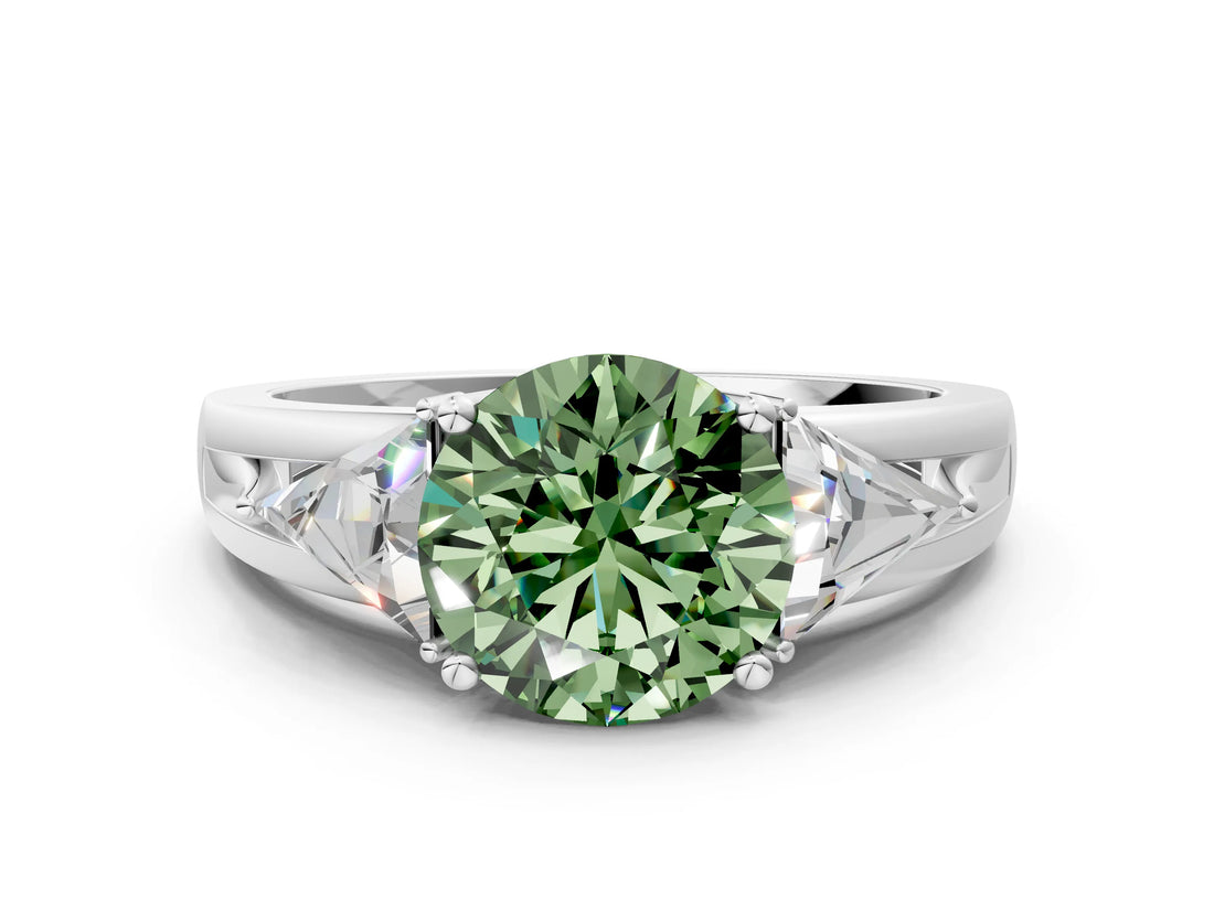 Platinum Three-Stone Fancy Green Round Cut Cut Diamond Ring with Trillion Side Stones on a Split Shank Band_12