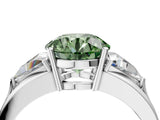 Platinum Three-Stone Fancy Green Round Cut Cut Diamond Ring with Trillion Side Stones on a Split Shank Band_16