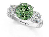 Platinum Three-Stone Fancy Green Round Cut Cut Milgrain Band Prong Setting Ring_7