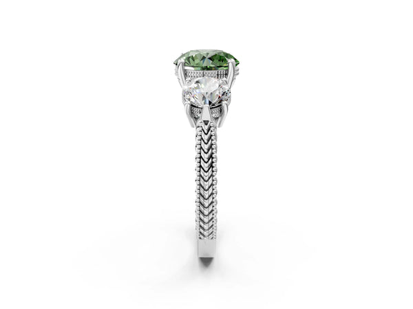 Platinum Round Vintage Three Stone Engagement Ring Setting for Fancy Green Center