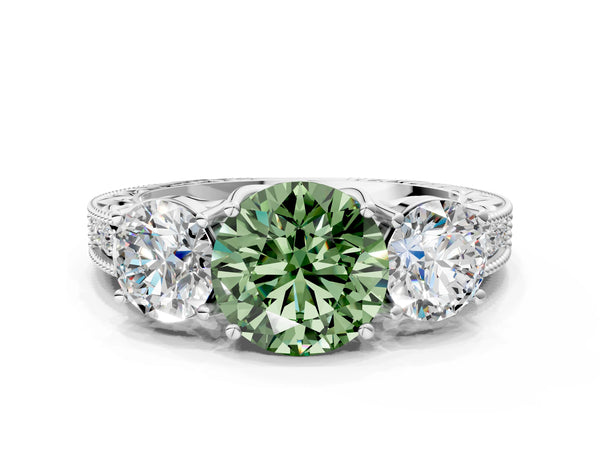 Platinum Round Engraved Three Stone Engagement Ring Setting for Fancy Green Center