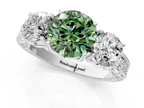 Platinum Three-Stone Fancy Green Round Cut Cut Milgrain Pavé Engagement Ring_37
