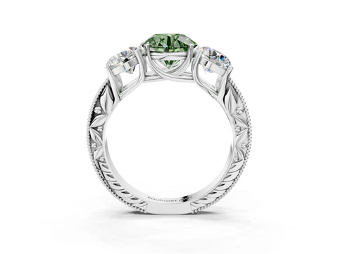 Platinum Three-Stone Fancy Green Round Cut Cut Milgrain Pavé Engagement Ring_39