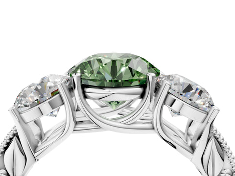 Platinum Three-Stone Fancy Green Round Cut Cut Milgrain Pavé Engagement Ring_40