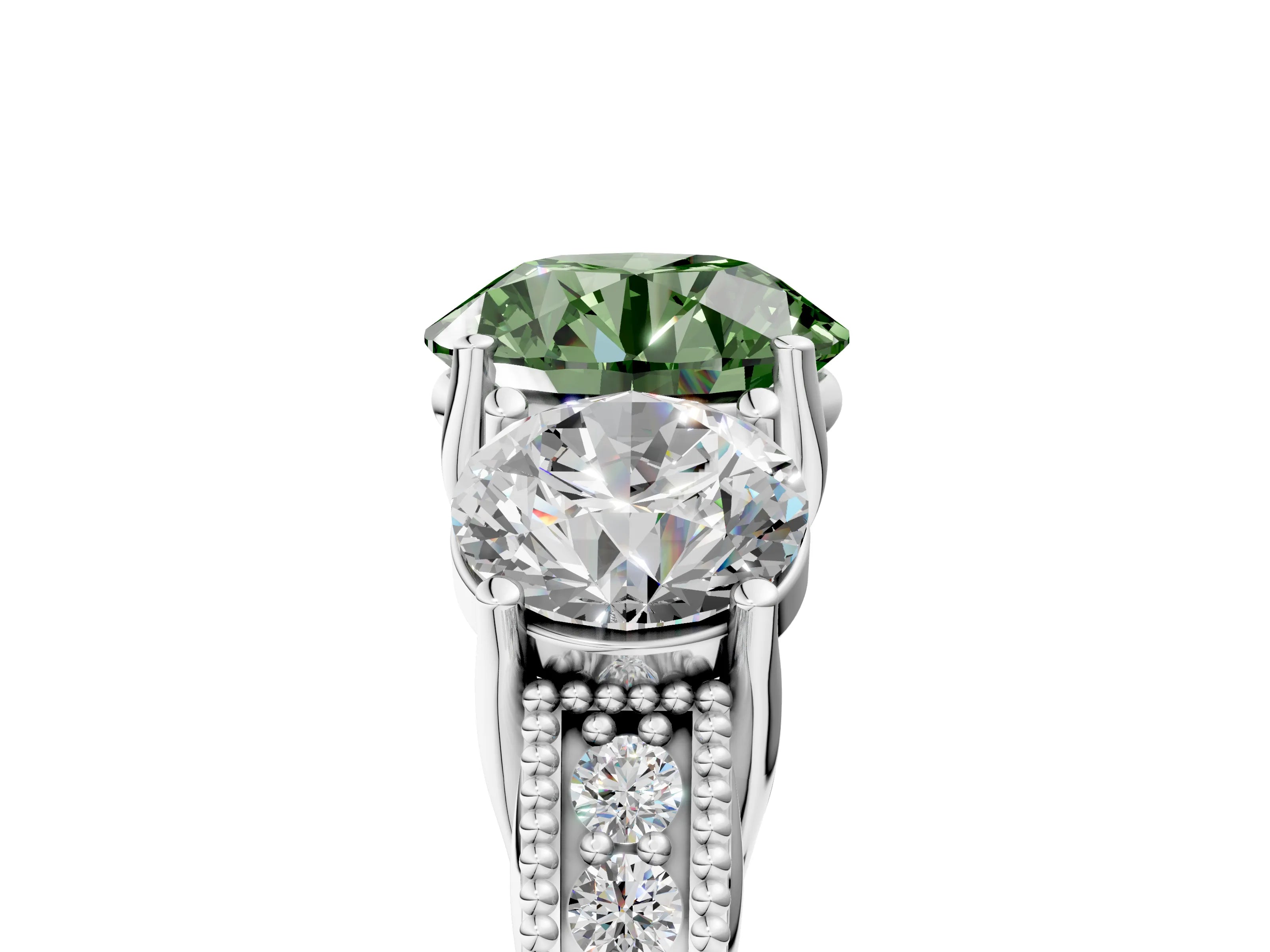 Platinum Three-Stone Fancy Green Round Cut Cut Milgrain Pavé Engagement Ring_41