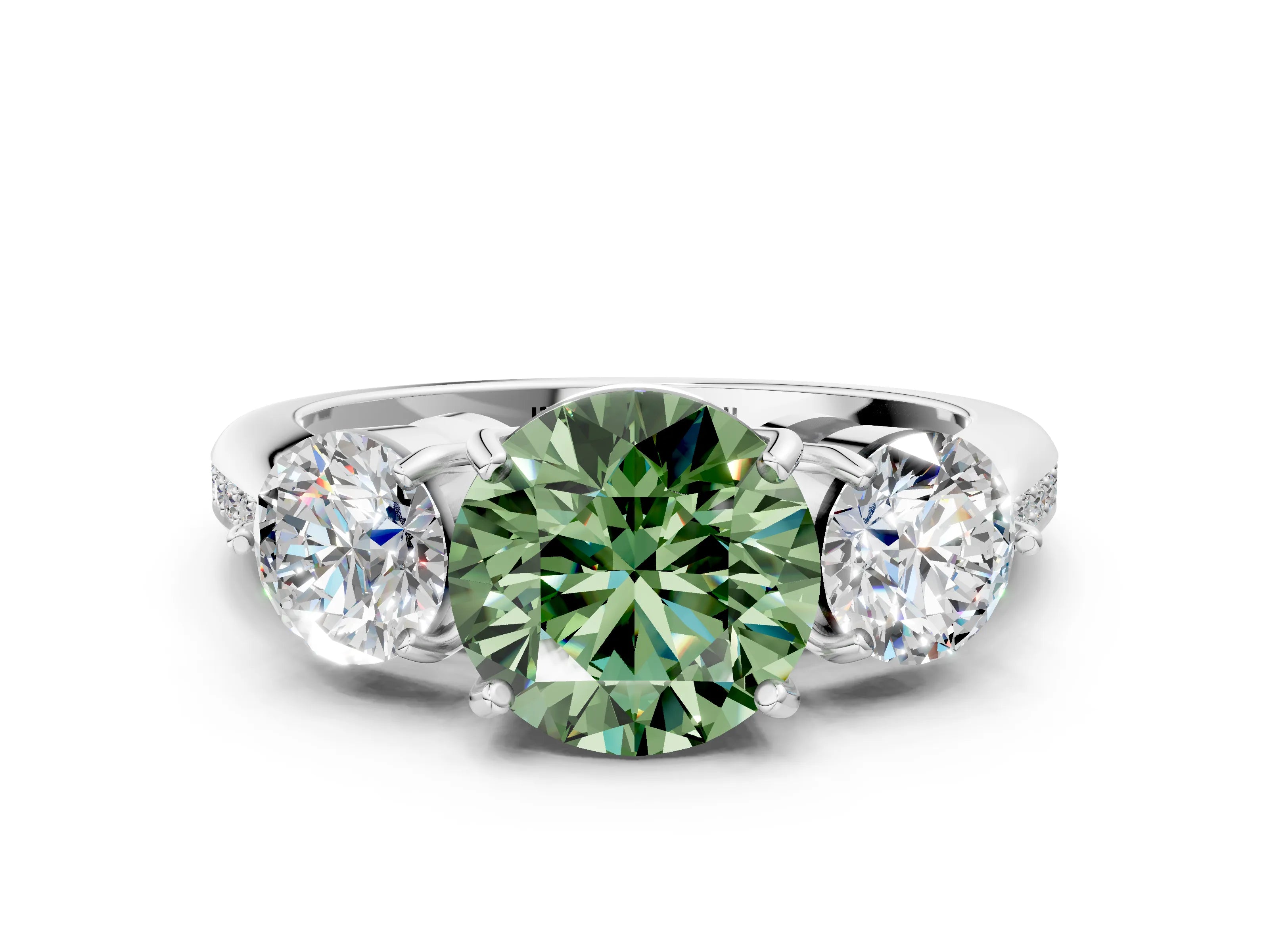 Platinum Three-Stone Fancy Green Round Cut Diamond Channel Set Engagement Ring with Prong Setting_24