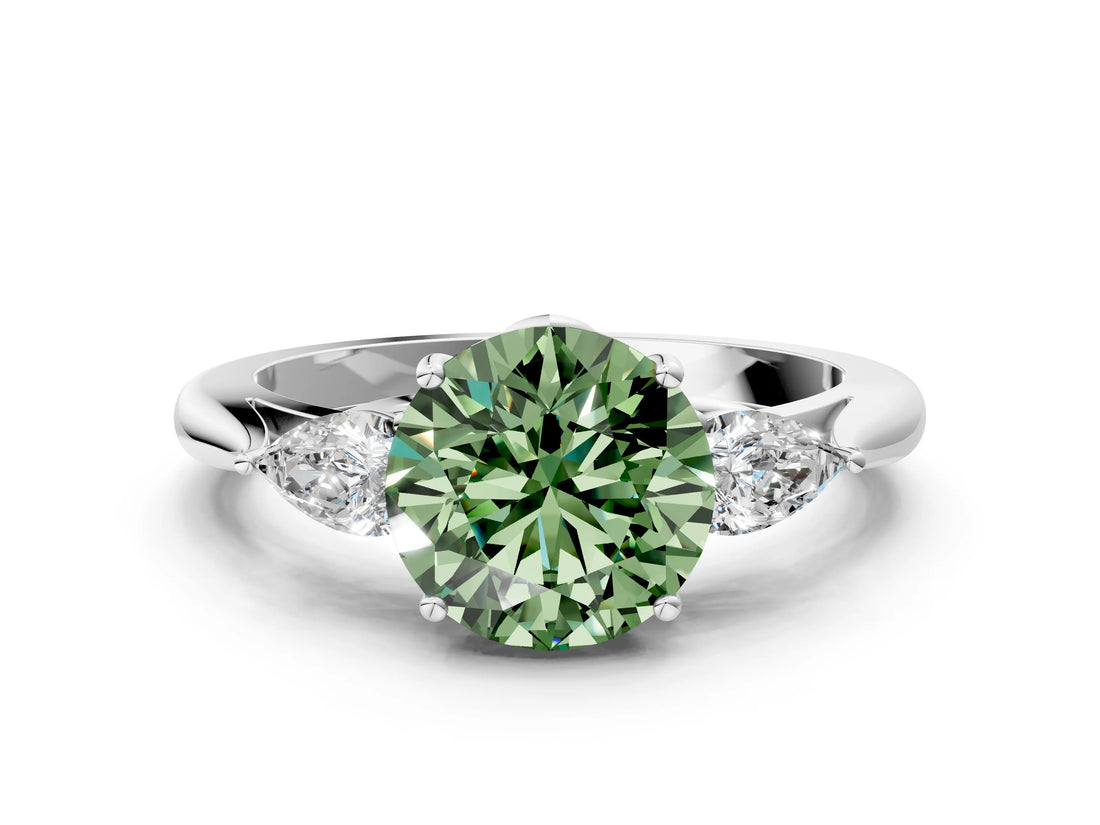 Platinum Three-Stone Fancy Green Round Cut Diamond Ring with Pear  Side Stones in Four-Prong Setting_24