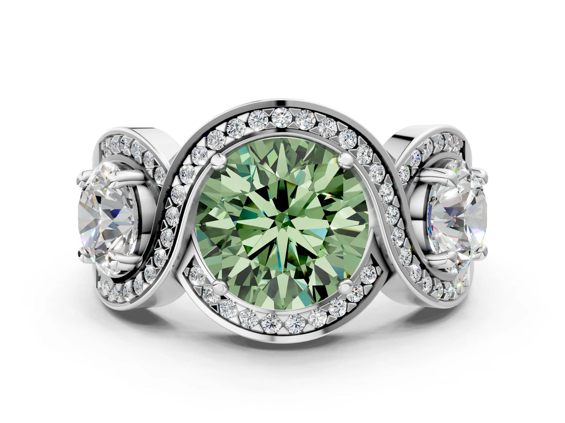 Platinum Three-Stone Fancy Green Round Cut Diamond Wave Pave Band with Prong Setting_78