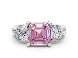 Platinum Three-Stone Fancy Pink Asscher  Brilliant Cut Solitaire Ring with Prong Setting on a Classic Band 1