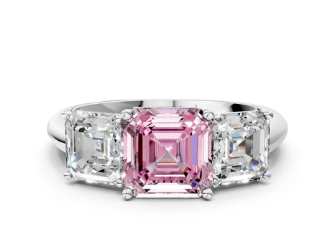 Platinum Three-Stone Fancy Pink Asscher Cut Cut Diamond Engagement Ring with Prong Setting on a White Gold Band_48