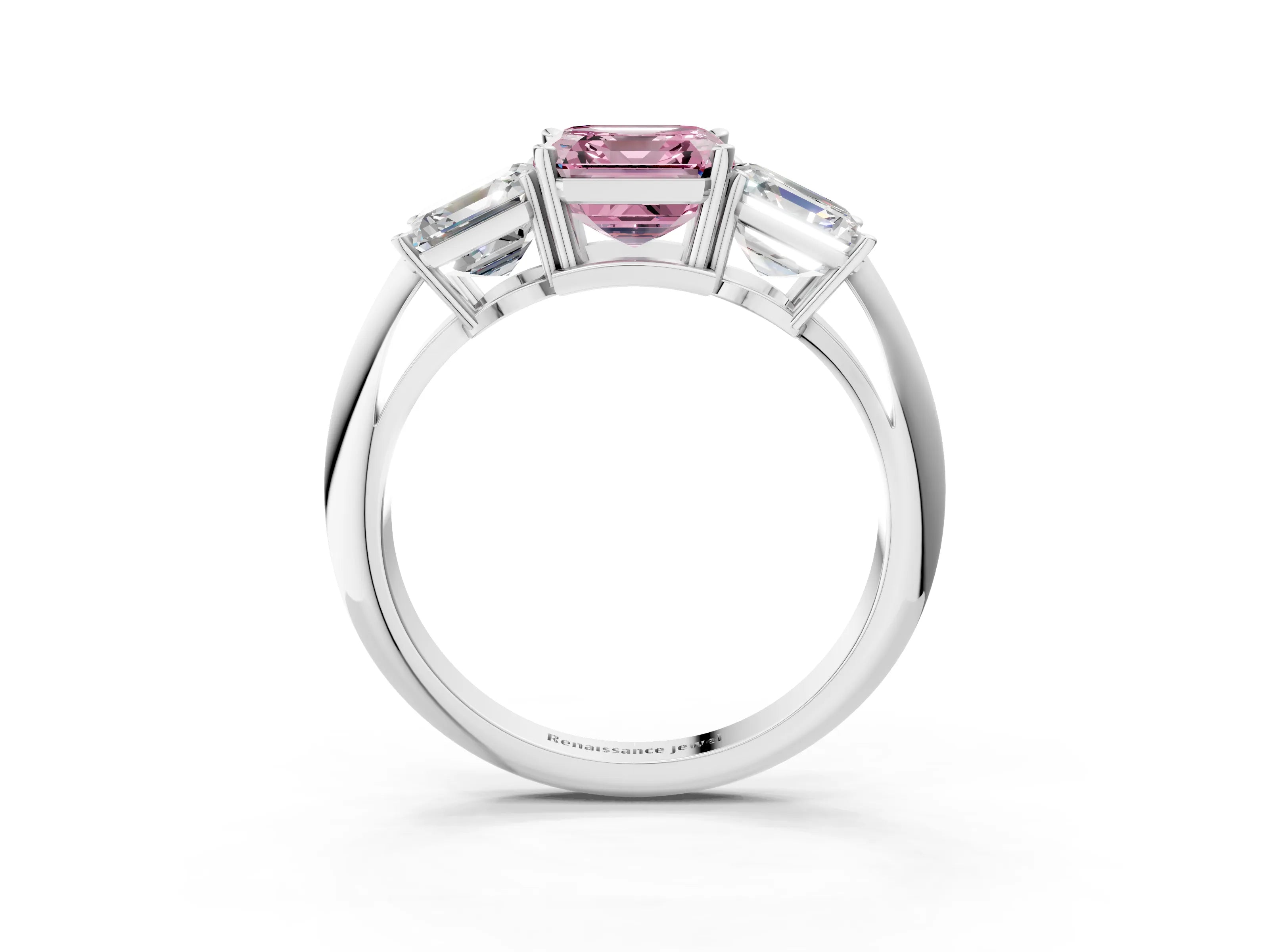 Platinum Three-Stone Fancy Pink Asscher Cut Cut Diamond Engagement Ring with Prong Setting on a White Gold Band_51