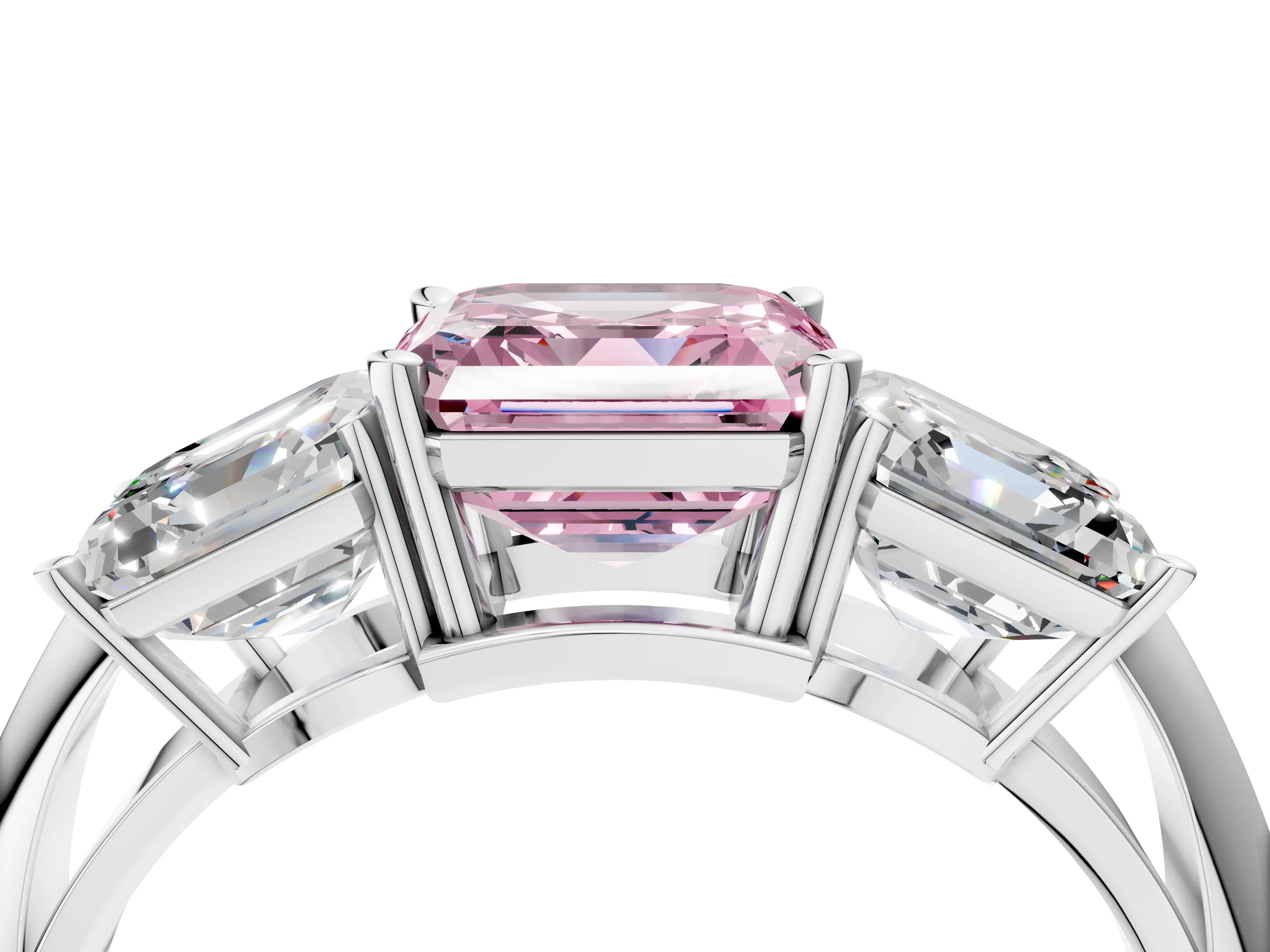 Platinum Three-Stone Fancy Pink Asscher Cut Cut Diamond Engagement Ring with Prong Setting on a White Gold Band_52
