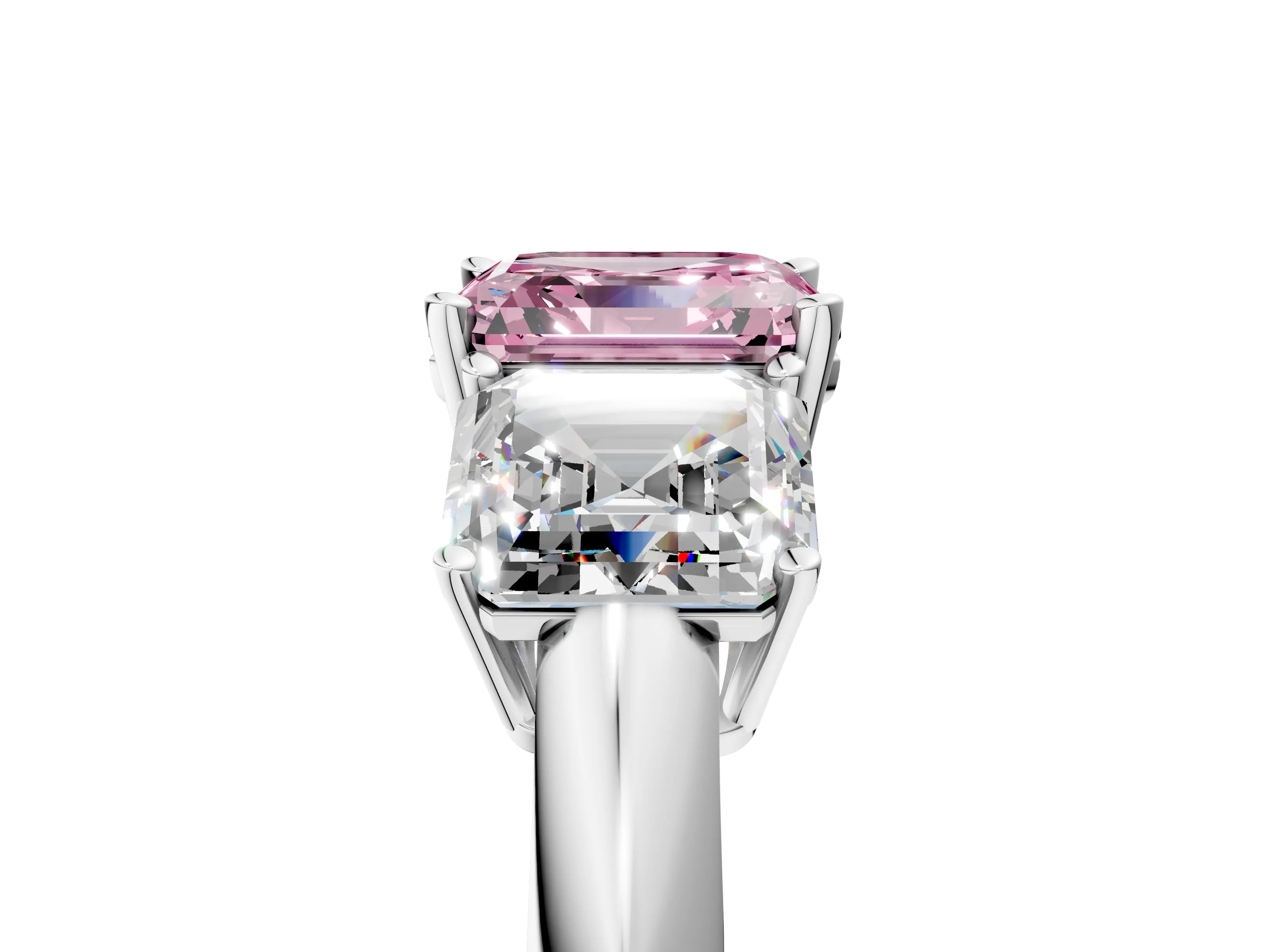 Platinum Three-Stone Fancy Pink Asscher Cut Cut Diamond Engagement Ring with Prong Setting on a White Gold Band_53