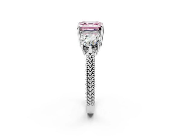 Platinum Asscher Cut Vintage Three Stone Engagement Ring Setting for Fancy Pink Center
