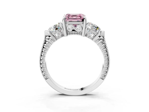 Platinum Asscher Cut Vintage Three Stone Engagement Ring Setting for Fancy Pink Center