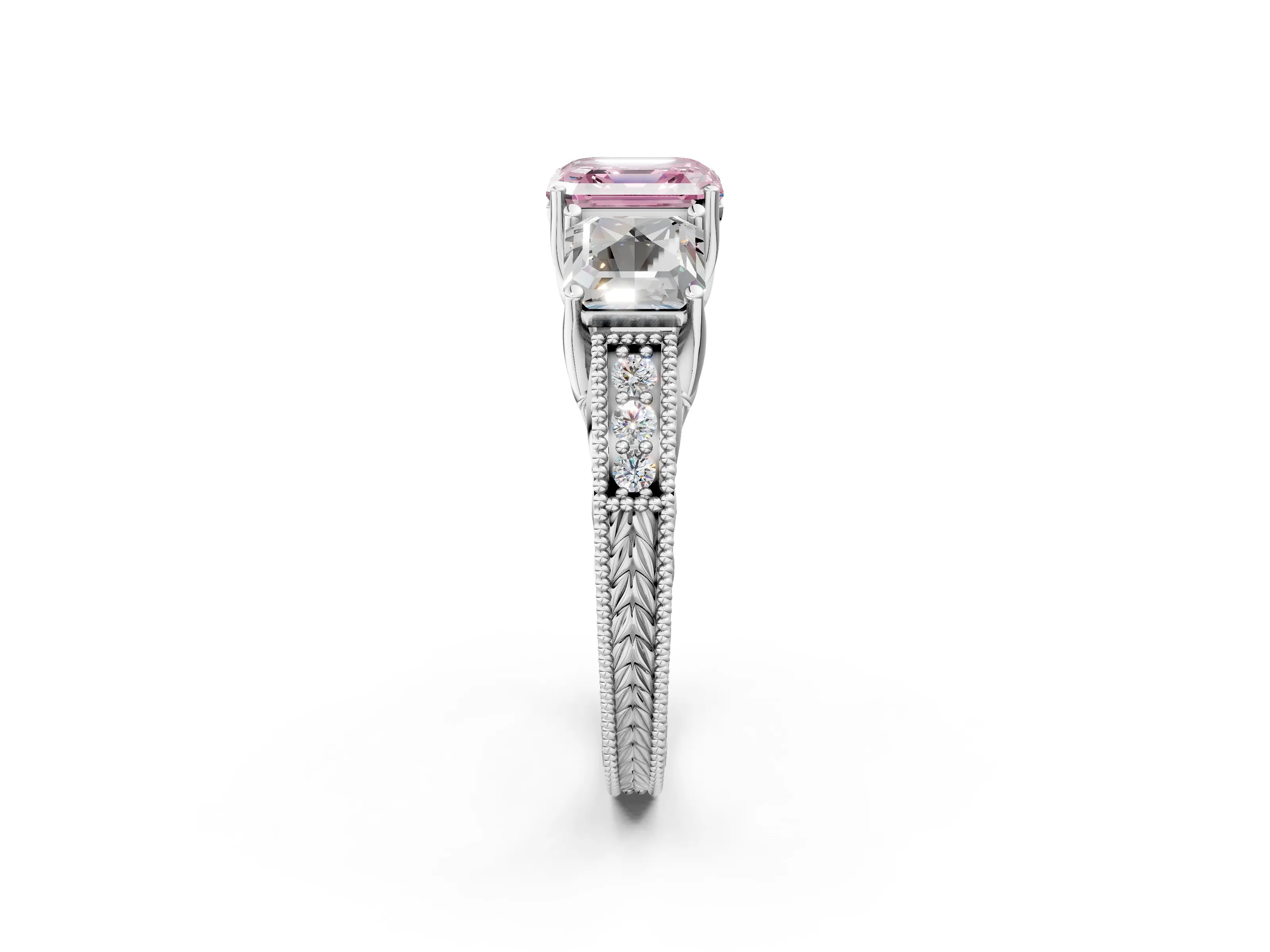 Platinum Three-Stone Fancy Pink Asscher Cut Cut Milgrain Pavé Engagement Ring_20