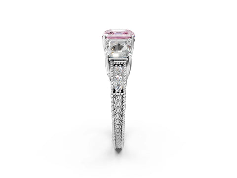 Platinum Three-Stone Fancy Pink Asscher Cut Cut Milgrain Pavé Engagement Ring_20