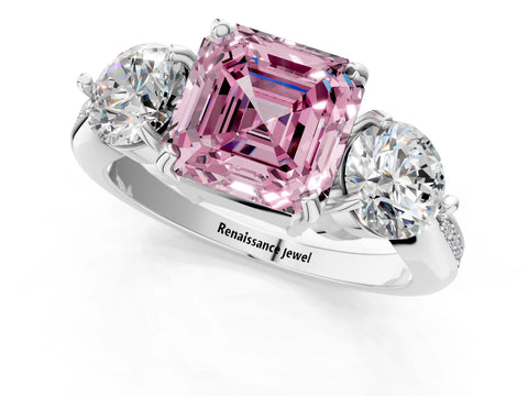 Platinum Three-Stone Fancy Pink Asscher Cut Diamond Channel Set Engagement Ring with Prong Setting_19