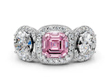 Platinum Three-Stone Fancy Pink Asscher Cut Halo Diamond Milgrain Band with Four-Prong Setting_6