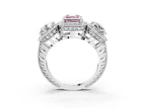 Platinum Three-Stone Fancy Pink Asscher Cut Halo Diamond Milgrain Band with Four-Prong Setting_9