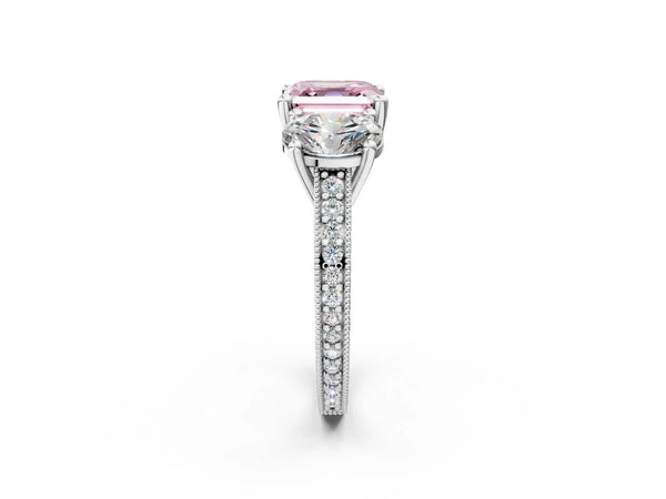 Platinum Asscher Cut Three-Stone Engagement Ring Setting for Fancy Pink Center with Pave Band