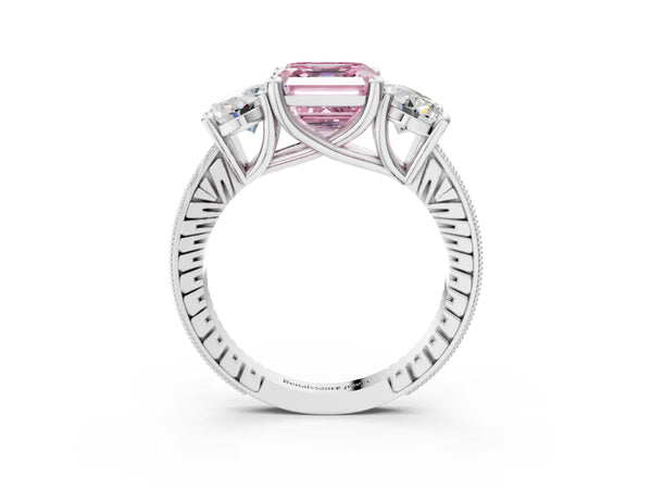 Platinum Asscher Cut Three-Stone Engagement Ring Setting for Fancy Pink Center with Pave Band