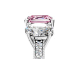 Platinum Three-Stone Fancy Pink Asscher  Diamond Milgrain Pave Band with Prong Setting