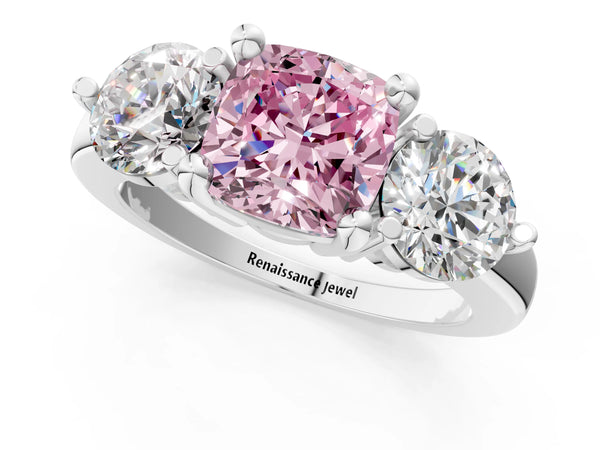 Platinum Three-Stone Fancy Pink Cushion  Brilliant Cut Solitaire Ring with Prong Setting on a Classic Band