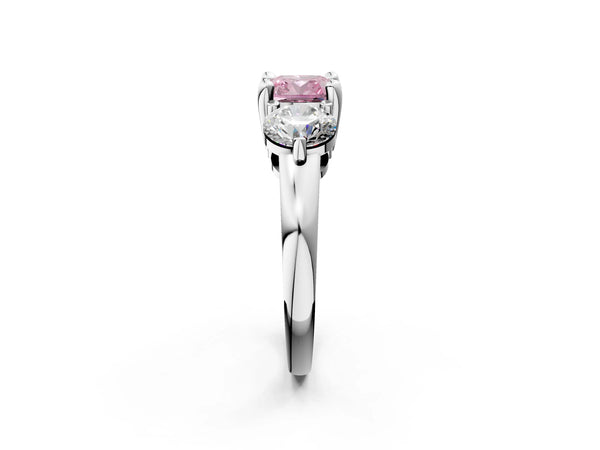 Platinum Three-Stone Fancy Pink Cushion  Brilliant Cut Solitaire Ring with Prong Setting on a Classic Band