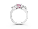 Platinum Three-Stone Fancy Pink Cushion  Brilliant Cut Solitaire Ring with Prong Setting on a Classic Band 3