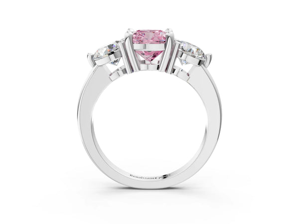 Platinum Three-Stone Fancy Pink Cushion  Brilliant Cut Solitaire Ring with Prong Setting on a Classic Band