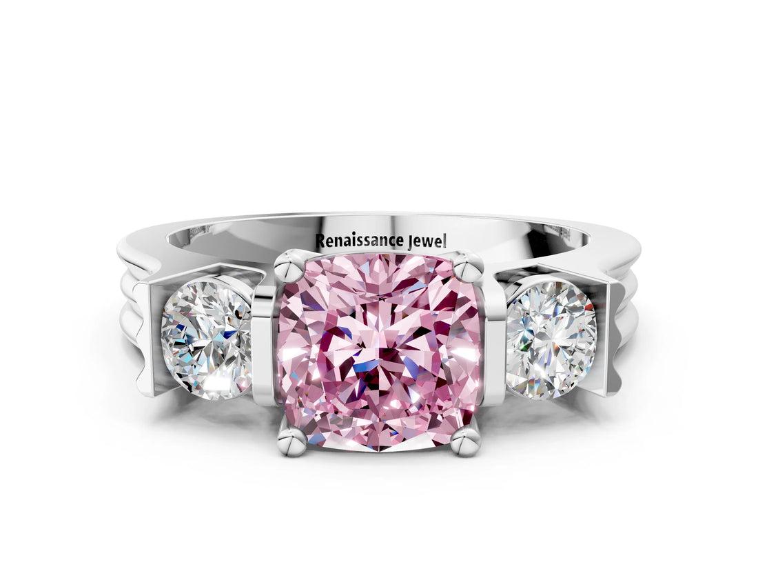 Platinum Three-Stone Fancy Pink Cushion Cut Cut Classic Band Prong Setting Ring_12