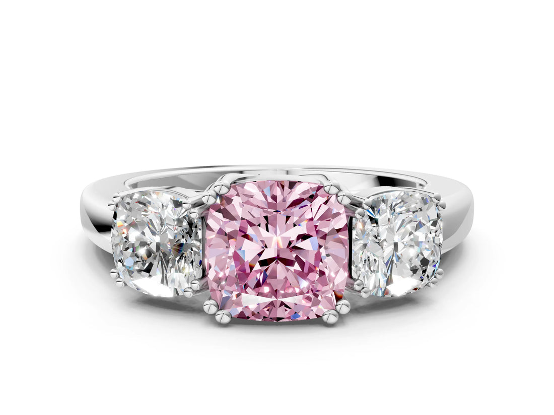 Platinum Three-Stone Fancy Pink Cushion Cut Cut Diamond Ring with Channel Set Band and Four-Prong Setting_24