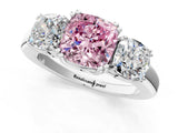 Platinum Three-Stone Fancy Pink Cushion Cut Cut Diamond Ring with Channel Set Band and Four-Prong Setting_25