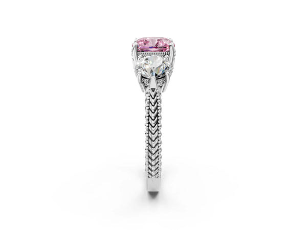 Platinum Cushion Cut Vintage Three Stone Engagement Ring Setting for Fancy Pink Center