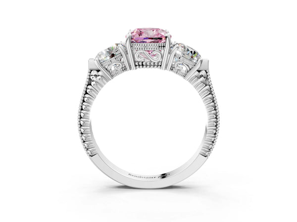 Platinum Cushion Cut Vintage Three Stone Engagement Ring Setting for Fancy Pink Center